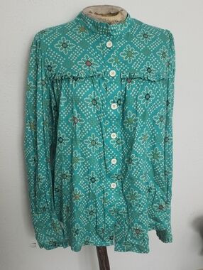 ANDION Victorian Floral Teal Print Button-Up Ruffled Blouse Sz Small